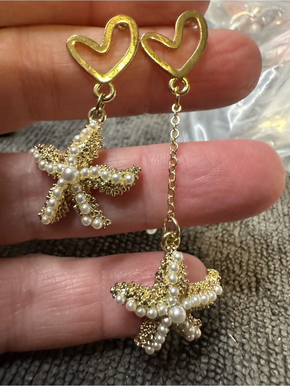 Goldtone Heart Top Starfish Drop Earrings with Pearls